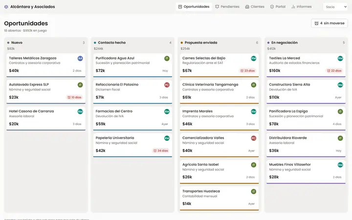 Pantalla del sistema CRM y portal de clientes