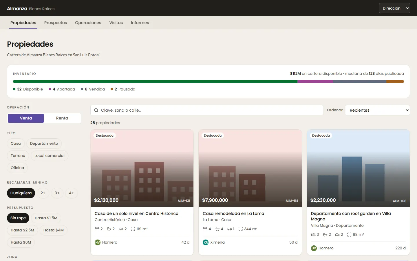 Pantalla del sistema CRM inmobiliario y catálogo